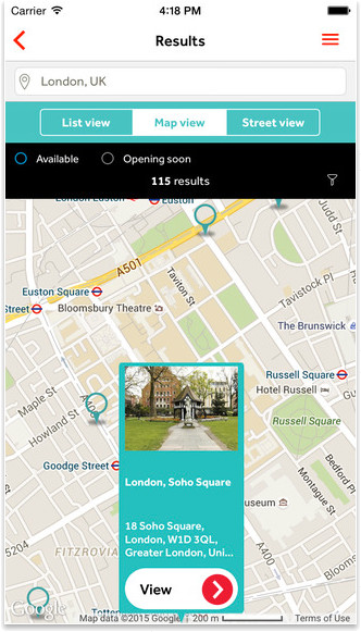 Search for nearby Offices locations on Regus APP