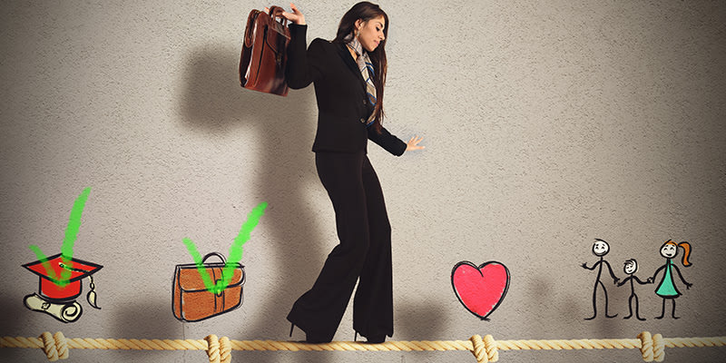 A business woman holding a bag is walking over a tightrope